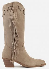 Ciemnobeżowe Kozaki Kowbojki na Stożku Ozdobione Frędzlami Reianeva Renee