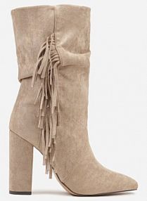 Ciemnobeżowe Botki kowbojki na Słupku z Frędzlami Reisetia Renee