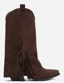 Brązowe Botki kowbojki na Stożku Ozdobione Frędzlami Reielle Renee