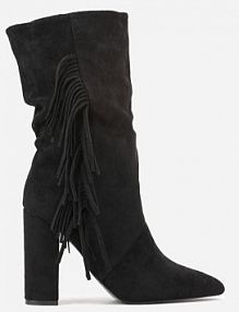 Czarne Botki kowbojki na Słupku z Frędzlami Reisetia Renee