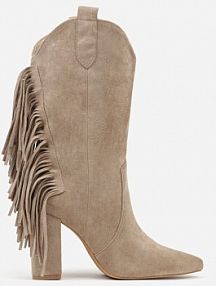 Ciemnobeżowe Botki kowbojki na Słupku Ozdobione Frędzlami Reikka Renee
