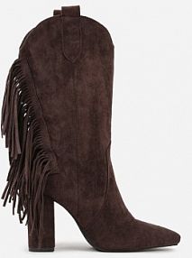 Brązowe Botki kowbojki na Słupku Ozdobione Frędzlami Reikka Renee