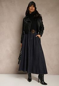 Granatowa Rozkloszowana spódnica Jeansowa midi z Paskiem Wendlla Renee