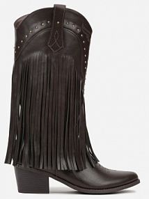 Brązowe Botki kowbojki na Stożku z Cholewką z Ćwiekami i Frędzlami Elles Renee