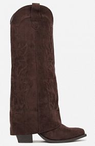 Brązowe Kozaki Kowbojki na Stożkowym Obcasie z Wywiniętą Cholewką z Haftem Fenassa Renee