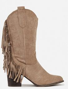 Beżowe Botki kowbojki na Stożku z Frędzlami przy Cholewce Reinia Renee