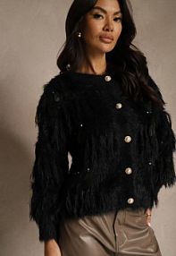 Czarny kardigan z Dzianiny z Wełną Imitującą Pióra z Perłowymi Guzikami Meviatta Renee