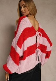 Czerwony Oversizowy kardigan w Paski z Wiązaniem z Domieszką Wełny i Wiskozy Retile Renee