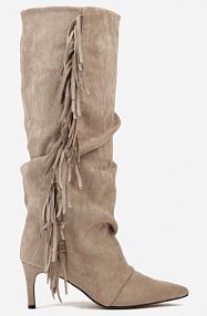 Ciemnobeżowe Kozaki na Szpilce w Stylu Boho Ozdobione Frędzlami Mevinavia Renee