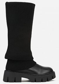 Czarne kozaki Chunky z Dzianinową Cholewką Imitującą Nogawkę Fenema ideal damskie