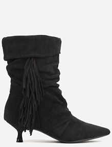 Czarne Wywinięte botki na Kaczuszce Zdobione Marszczeniem i Frędzlami Gevea ideal