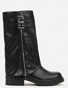 Czarne botki z Wywiniętą Cholewką Zdobioną Suwakiem i Sprzączkami Eevea c'm paris damskie