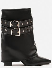 Czarne Botki kowbojki na Słupku Ozdobione Klamrami i Wywiniętą Cholewką Codvire ideal