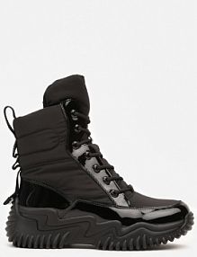 Czarne Sznurowane śniegowce na Platformie Ozdobione Tłoczeniem Cedirina Renee damskie