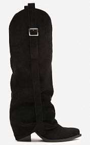 Czarne Kozaki na Stożku Typu Kowbojki Ozdobione Klamrą i Wywiniętą Cholewką Nalirella ideal