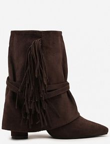 Ciemnobrązowe botki Boho z Cholewką Imitującą Nogawkę i Frędzlami Zaslie ideal