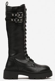 Czarne Sznurowane kozaki na Platformie w Stylu Workerów z Paskami i Klamrami Asintoria Renee damskie