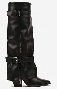 Czarne Kozaki na Stożku z Cholewką Imitującą Nogawkę z Klamrami i Suwakiem Erseria ideal