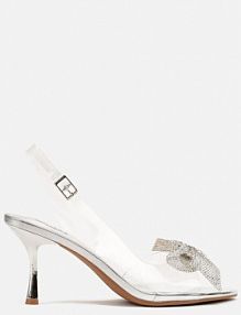 Srebrne Przezroczyste sandały na obcasie Typu Klepsydra z Ozdobną Kokardą z Cyrkoniami Nialania Renee