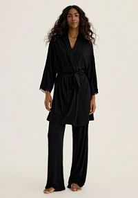 Szlafrok z koronką Reserved czarny damski 010EY-99X