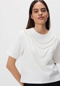 T-shirt z imitacją pereł Reserved biały damski 243HS-01X