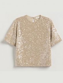 Cekinowy t-shirt boxy Reserved beżowy damski 251HS-02X