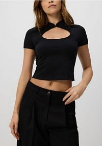 T-shirt z ozdobnym dekoltem Reserved czarny damski 506GA-99X