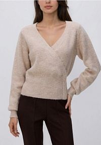 Krótki kardigan z kopertową zakładką Reserved beżowy 508HH-08M