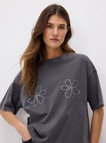 T-shirt z błyszczącą aplikacją Reserved szary damski YU442-90X