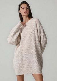 Sukienka dzianinowa mini z warkoczowym splotem House beżowa 034HG-08M