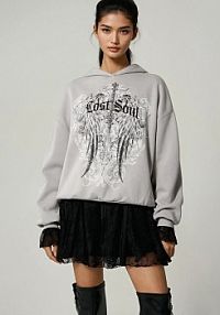 Jasno bluza z kapturem i nadrukiem skrzydeł i napisem Lost Soul House szara damska 184GN-09X
