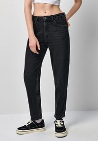 Jeansy mom fit cropped z efektem sprania House czarne damskie 390EP-99J