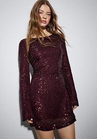 Cekinowa sukienka mini z wycięciem na plecach bordowa House brązowa 476IU-93X