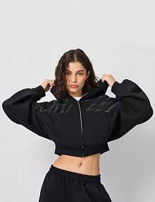 Rozpinana krótka bluza z kapturem i napisem z dżetów  House czarna damska 545GS-99X