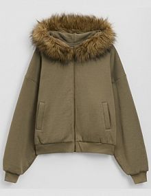 Rozpinana bluza z kapturem i odpinanym futerkiem  House oliwkowa damska 560GS-81X