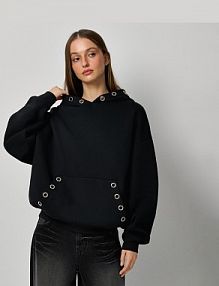 Bluza z kapturem i metalowymi oczkami House czarna damska 564GS-99X