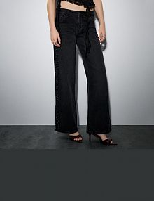 Jeansy wide leg z kryształkami po bokach House czarne damskie 947GQ-99J