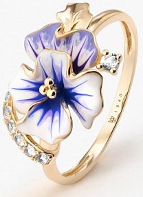 Pierścionek W.KRUK biały niebieski złoty fioletowy Kwiaty Nocy Bratki