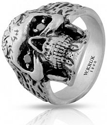 Pierścionek W.KRUK czarny różowy Sygnet ze stali z czaszką