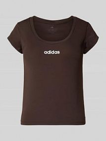 T-shirt sportowy o kroju slim fit z nadrukiem z logo adidas Sportswear brązowy damski EAN JX1867