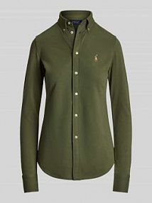 Bluzka koszulowa z wyhaftowanym logo Polo Ralph Lauren oliwkowa damska EAN 211924258