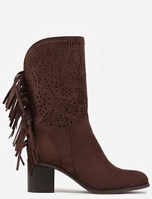 Ciemnobrązowe Botki Ażurowe kowbojki z Wkładką ze Skóry Nauralnej i Frędzlami Cezive m.daszynski