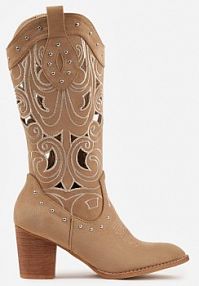 Ciemnobeżowe Ażurowe Botki kowbojki VICES na Stożku Zdobione Nitami Sennatea