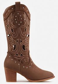 Brązowe Ażurowe Botki kowbojki VICES na Stożku Zdobione Nitami Sennatea