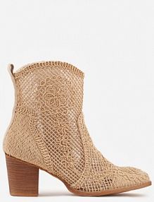 Ciemnobeżowe Ażurowe Botki kowbojki VICES na Stożkowym Obcasie Natesela