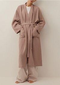 Muślinowy szlafrok z paskiem Reserved brązowy damski 047HQ-84X