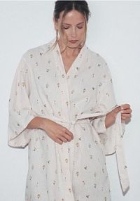 Szlafrok z lnem Reserved beżowy damski 200HQ-02X