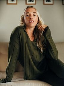 Sweter polo z wełną Reserved oliwkowy damski 656HO-91X