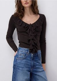 Sweter z falbanką Reserved brązowy damski 747IM-89X