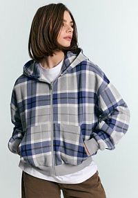 Rozpinana bluza z kapturem w szaro-granatową kratkę House damska 695KK-MLC